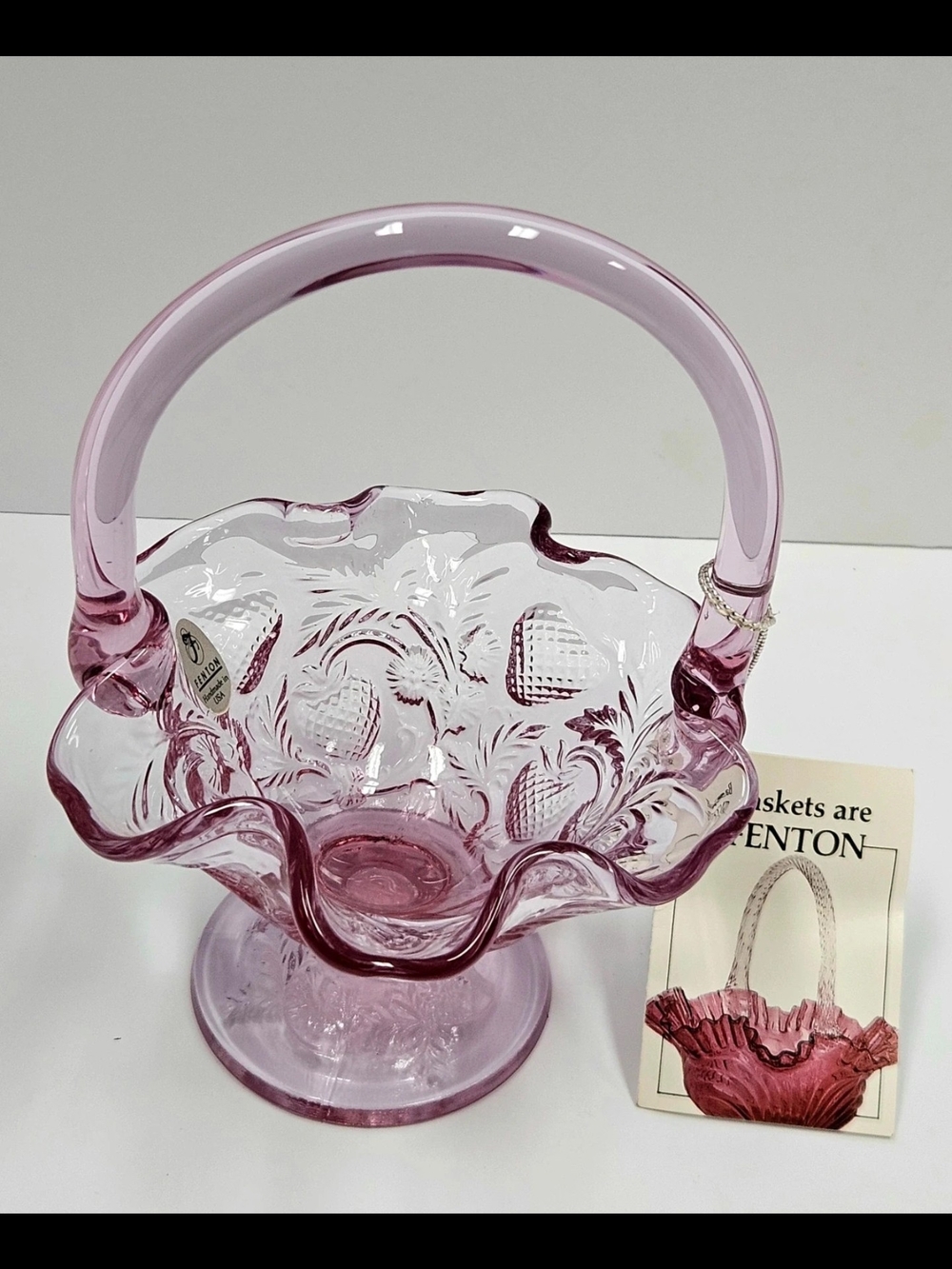Fenton Pink Glass Ruffled Basket with Handle